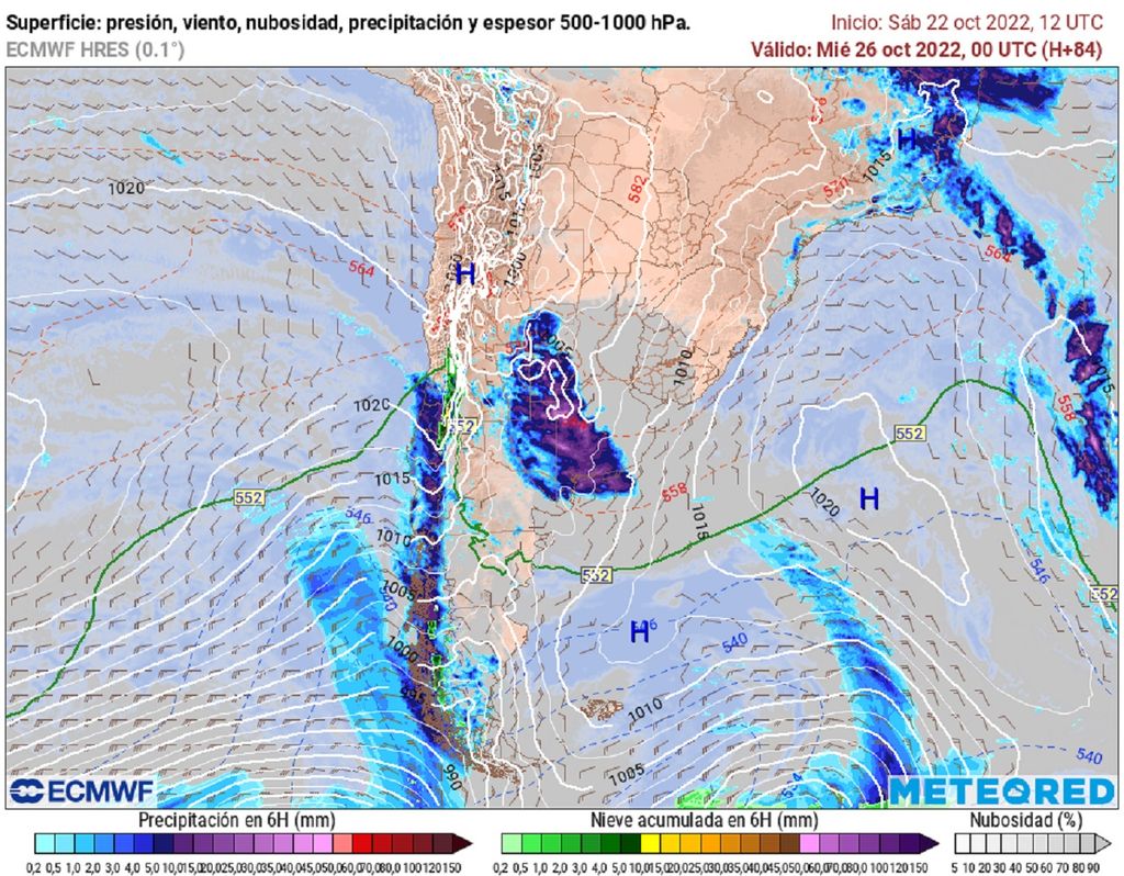 Presión y precipitaciones previstas; modelo ECMWF