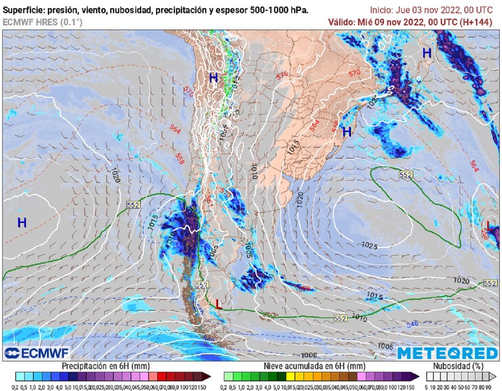 Presión y precipitaciones previstas; modelo ECMWF Presión y precipitaciones previstas; modelo ECMWF