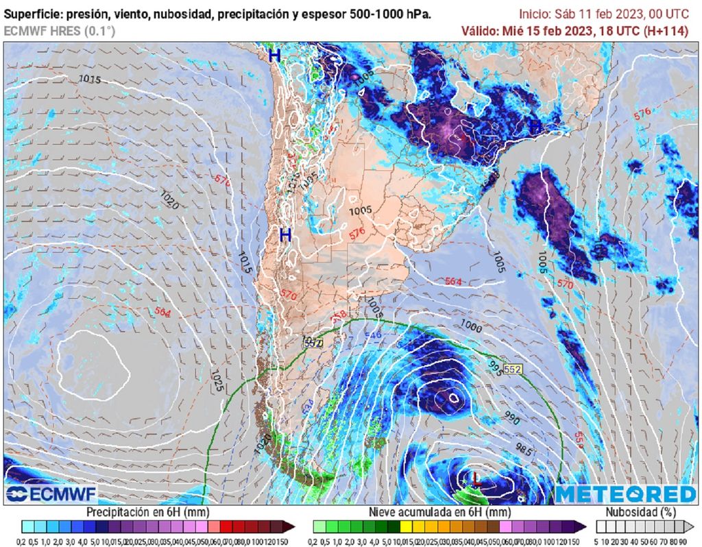 presión y precipitación previstas; modelo ECMWF presión y precipitación previstas; modelo ECMWF