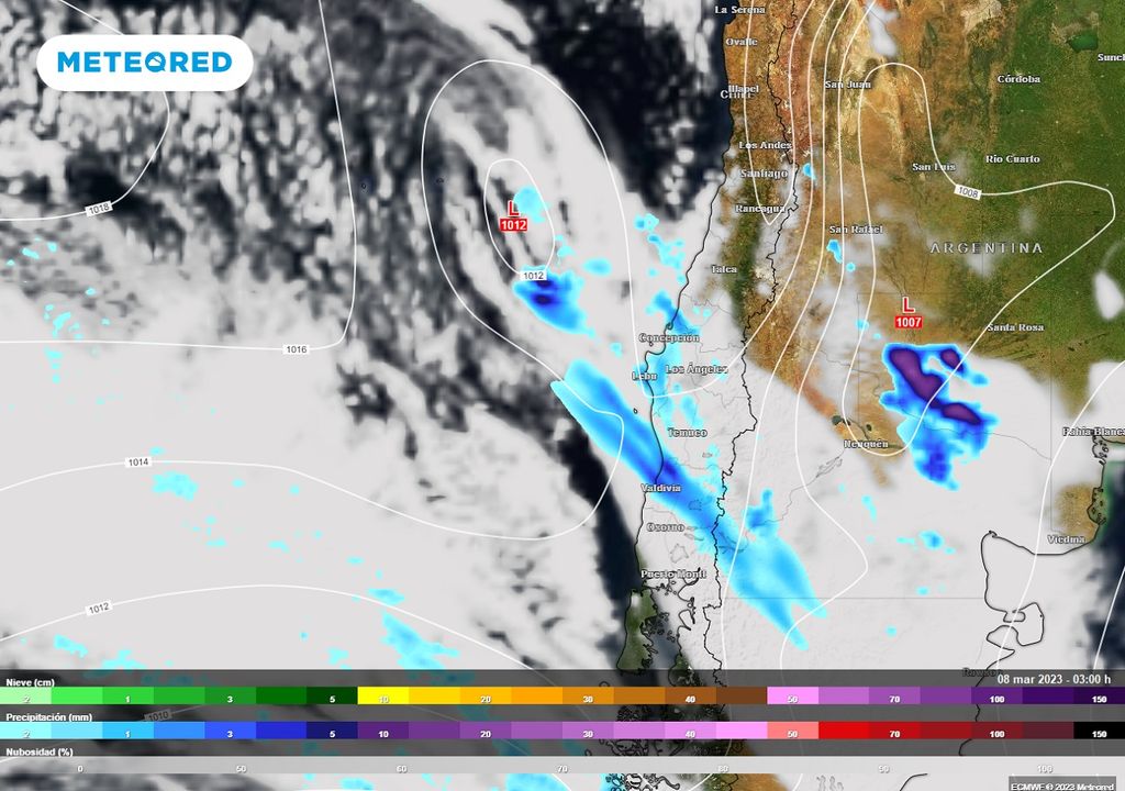 Precipitación, nubes y presión previstas; modelo ECMWF Precipitación, nubes y presión previstas; modelo ECMWF