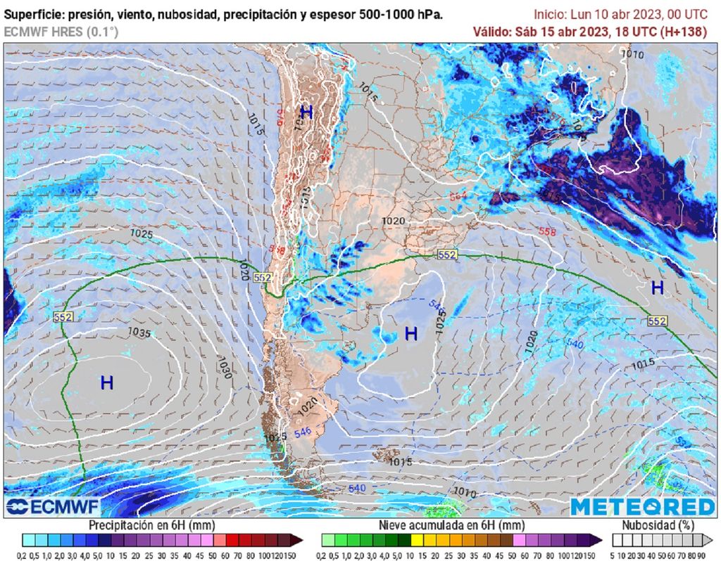presión y precipitaciones previstas; modelo ECMWF presión y precipitaciones previstas; modelo ECMWF