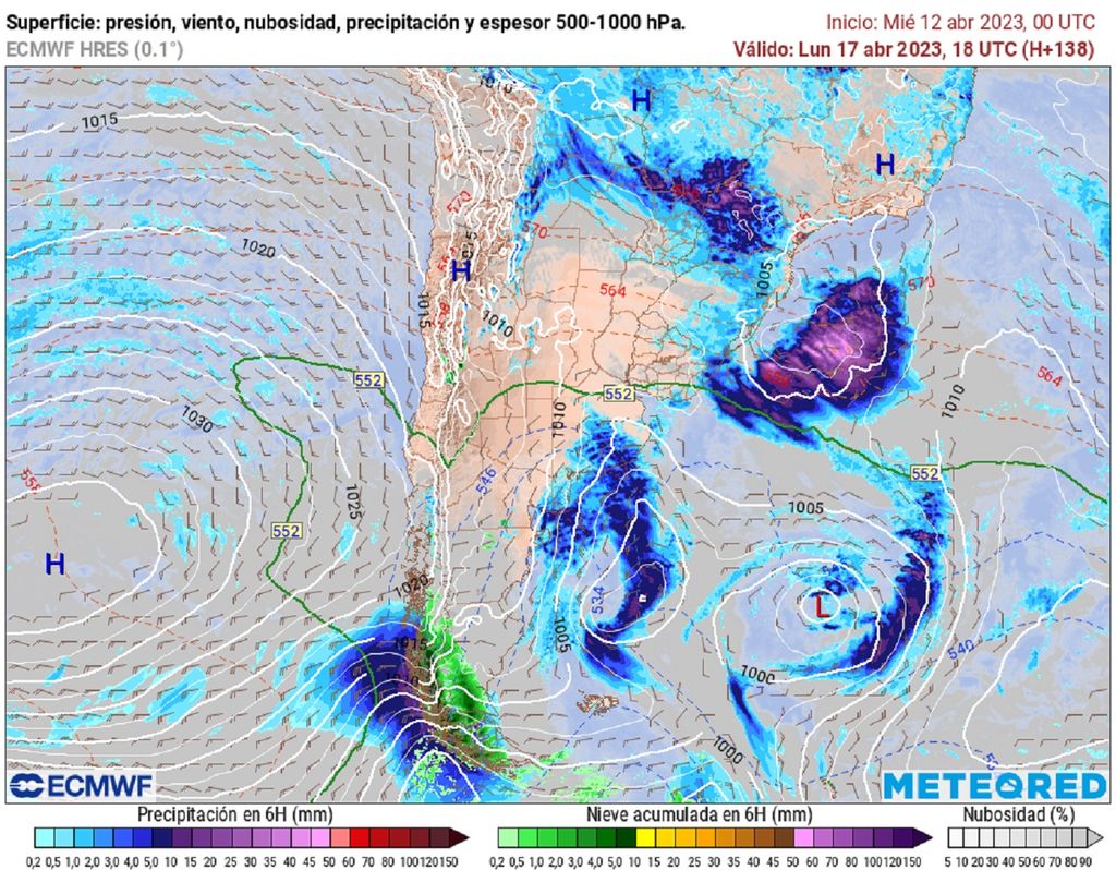 precipitaciones, nubes y presión previstas; modelo ECMWF precipitaciones, nubes y presión previstas; modelo ECMWF