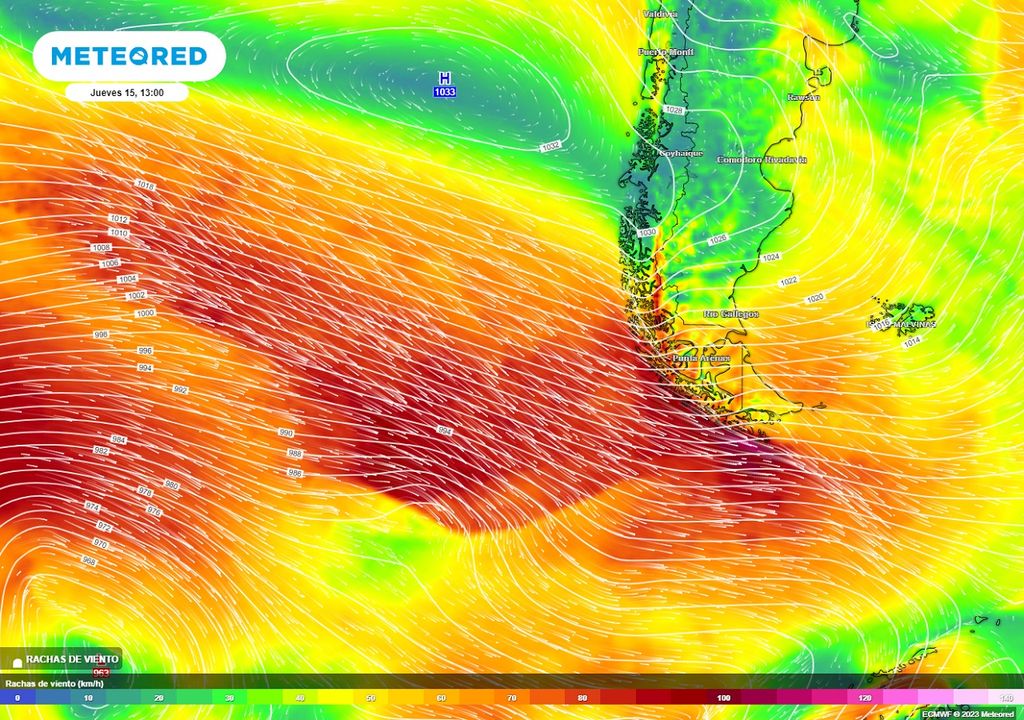 mapa meteorológico mostrando las rachas de viento previstas para la zona austral de Chile
