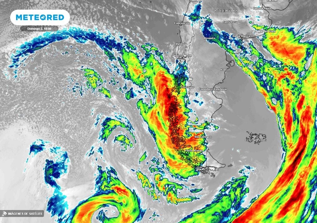 imagen satelital mostrando un sistema frontal activo sobre la Patagonia