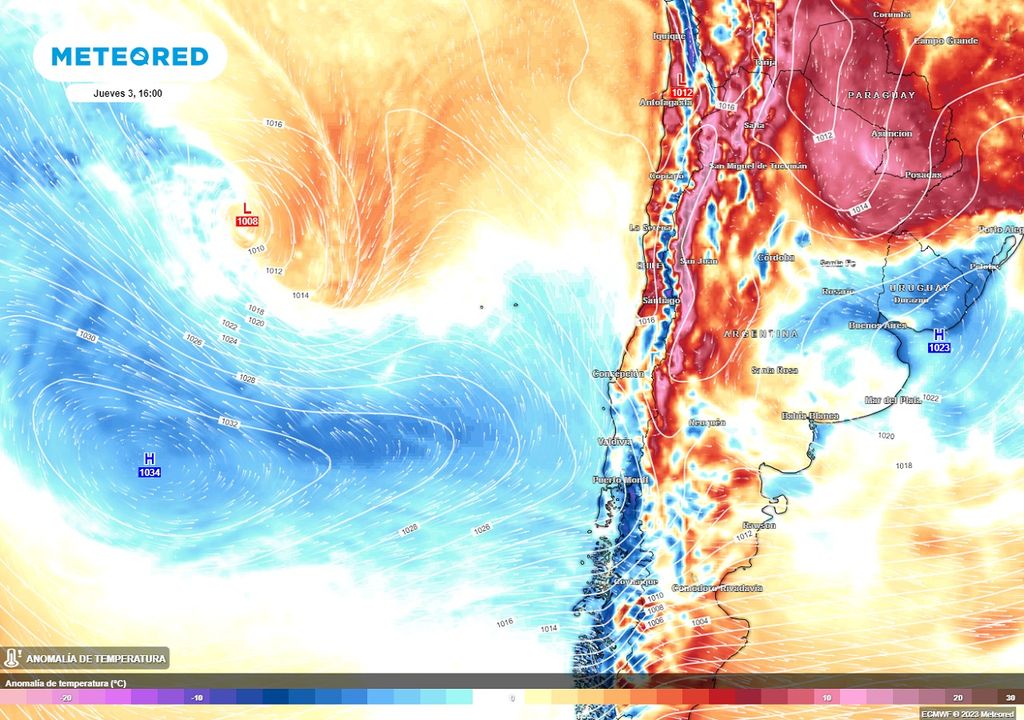 Mapa de anomalía de temperaturas que destaca el contraste térmico que vive Chile