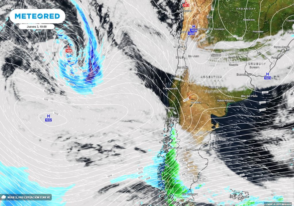 Nubosidad, presión y vientos previstos para Chile por el modelo ECMWF