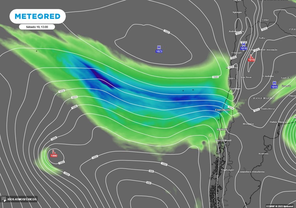Imagen del río atmosférico que llegará a Chile este fin de semana sobre el centro sur Imagen del río atmosférico que llegará a Chile este fin de semana sobre el centro sur