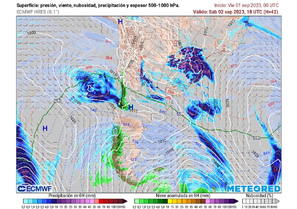 Precipitación prevista para el esta fin de semana en Chile, por el modelo del ECMWF