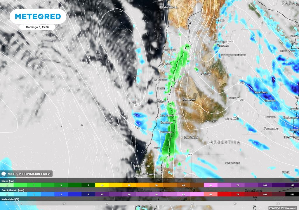 Mapa de presión, viento y precipitaciones previstas sobre el centro y norte de Chile para el próximo domingo.