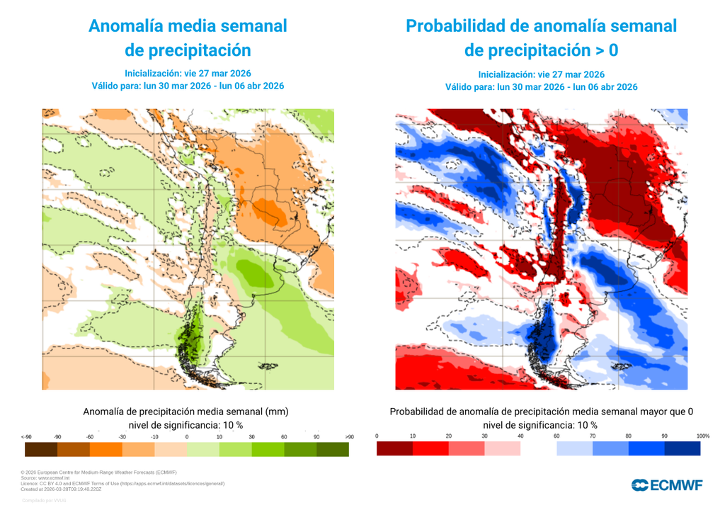Mapas de anomalía de precipitación y probabilidad de lluvia sobre el promedio Las lluvias sobre el promedio caerán con alta probabilidad en sectores de la Patagonia y del norte grande.