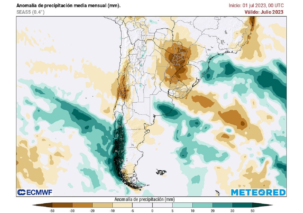 mapa mostrando anomalías de precipitaciones sobre América del Sur.