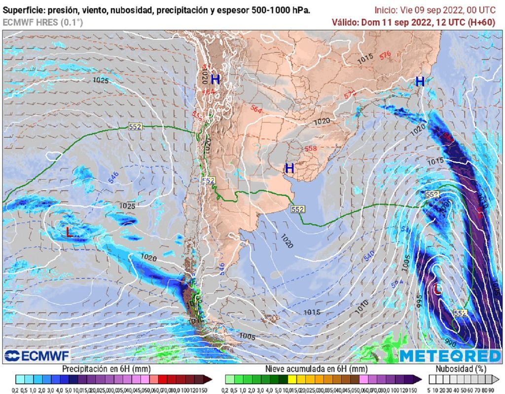 Precipitaciones y presión previstas; modelo ECMWF