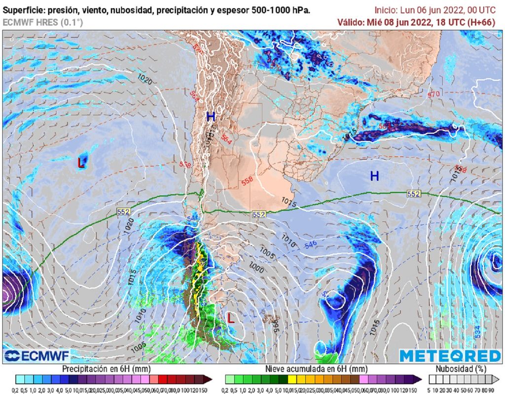 presión y precipitaciones previstas; modelo ECMWF