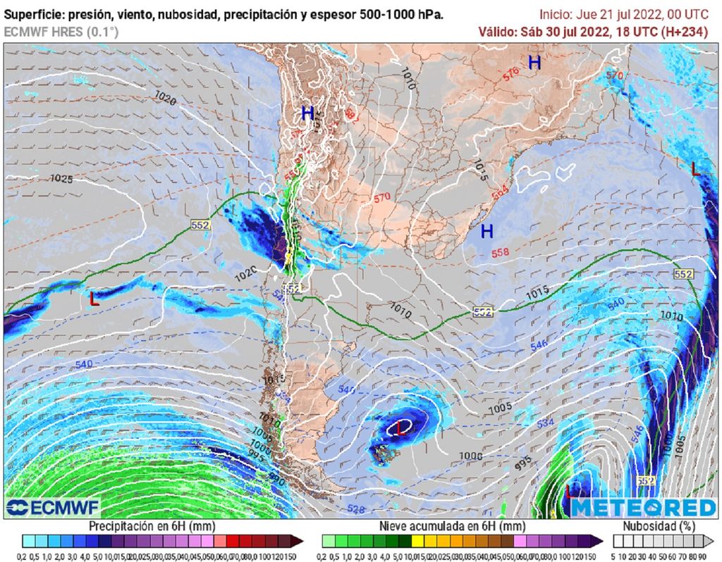 Presión y precipitación prevista; modelo ECMWF