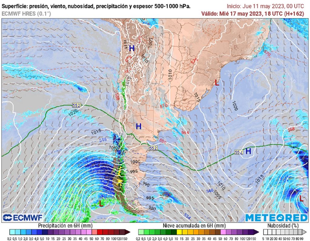 modelo ECMWF; presión y precipitaciones previstas modelo ECMWF; presión y precipitaciones previstas