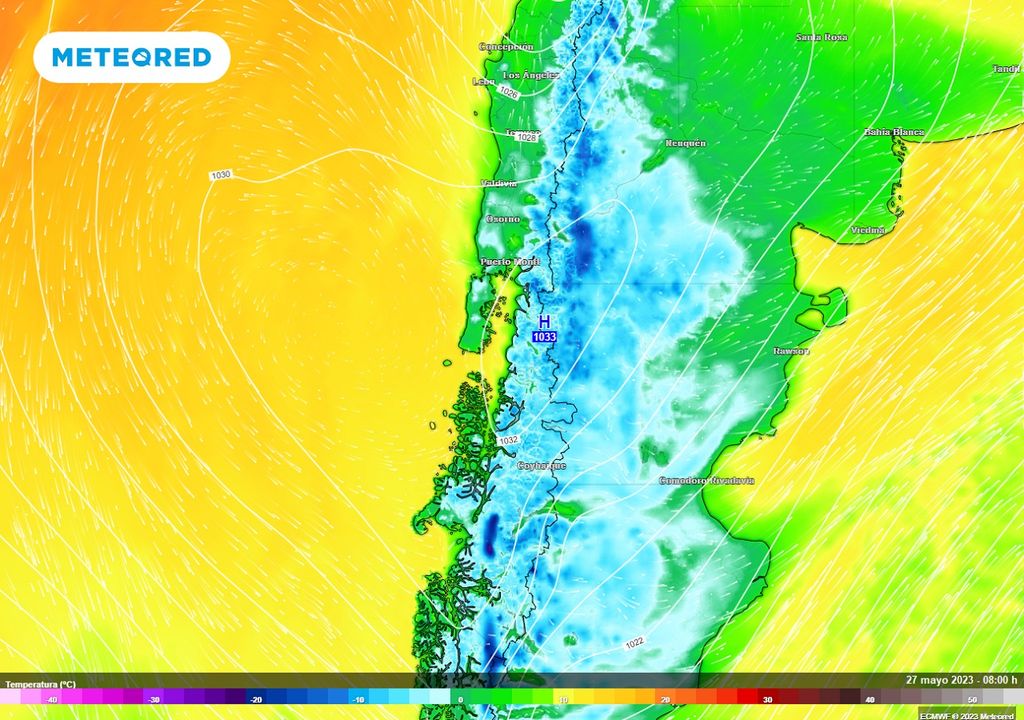 temperaturas, presión y viento previstos; modelo ECMWF temperaturas, presión y viento previstos; modelo ECMWF