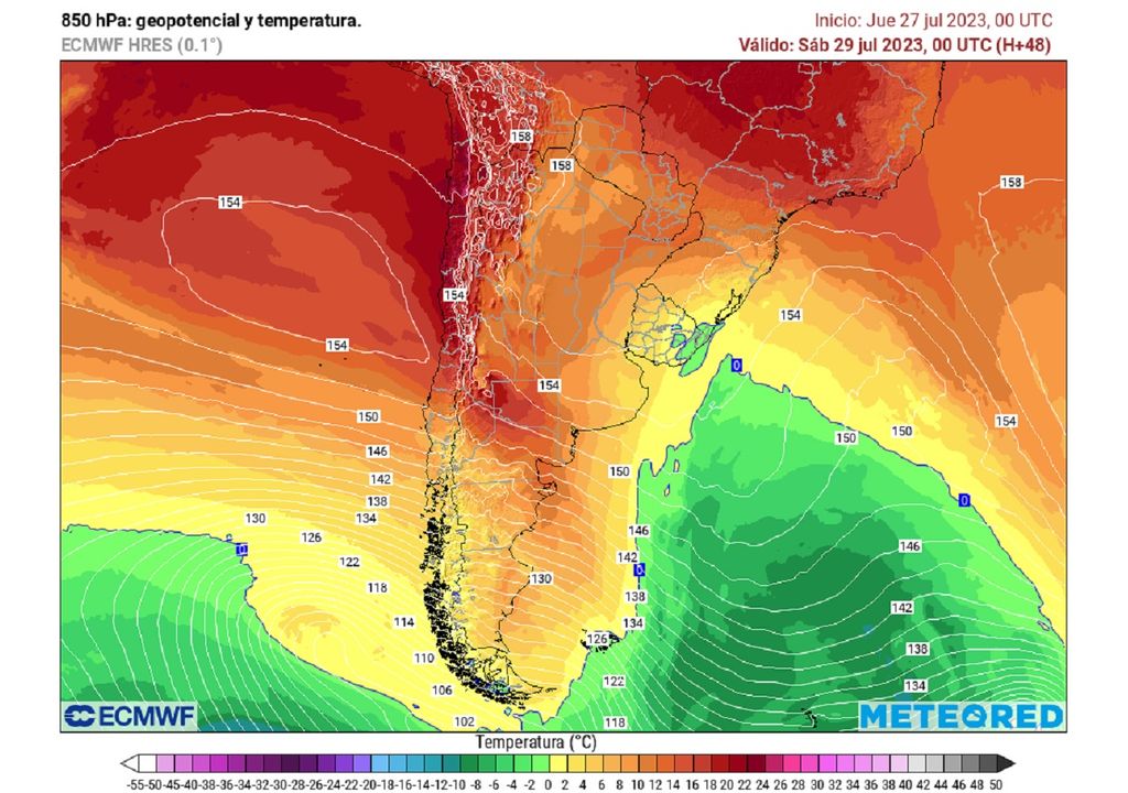 mapa de temperaturas en altura, que muestra aire cálido tomando posición sobre la todo Chile mapa de temperaturas en altura, que muestra aire cálido tomando posición sobre la todo Chile