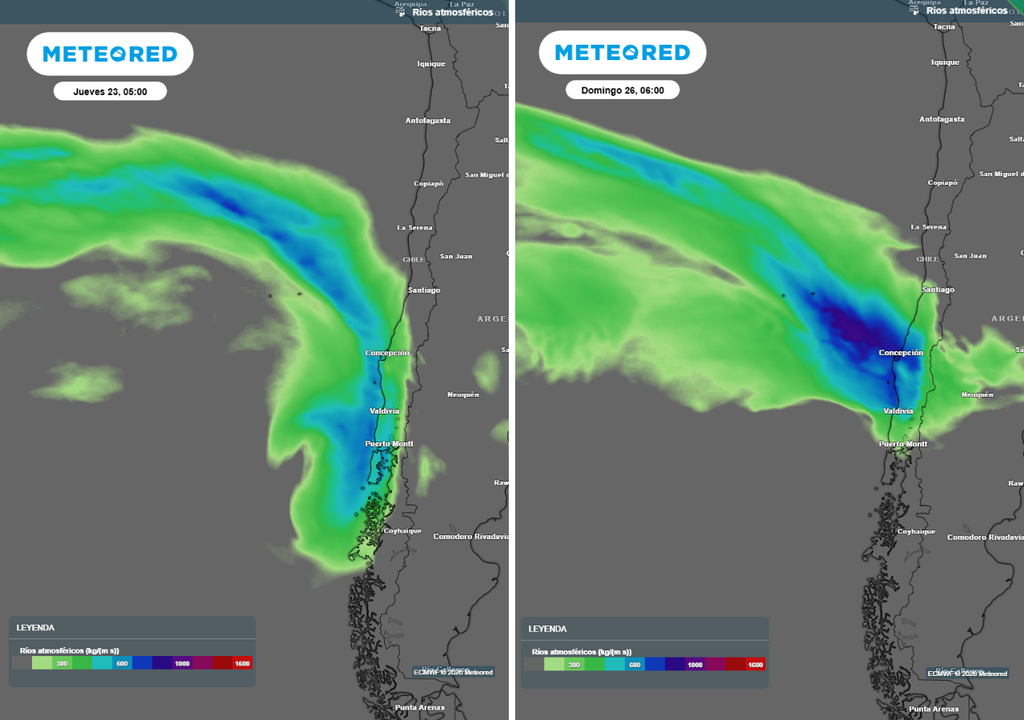 ríos atmosféricos previstos El flujo de vapor de agua se intensificará el fin de semana. Sin embargo, en los próximos días llegarán pulsos significativos, capaces de incrementar las lluvias que se registrarán sobre el centro y parte de la zona central.