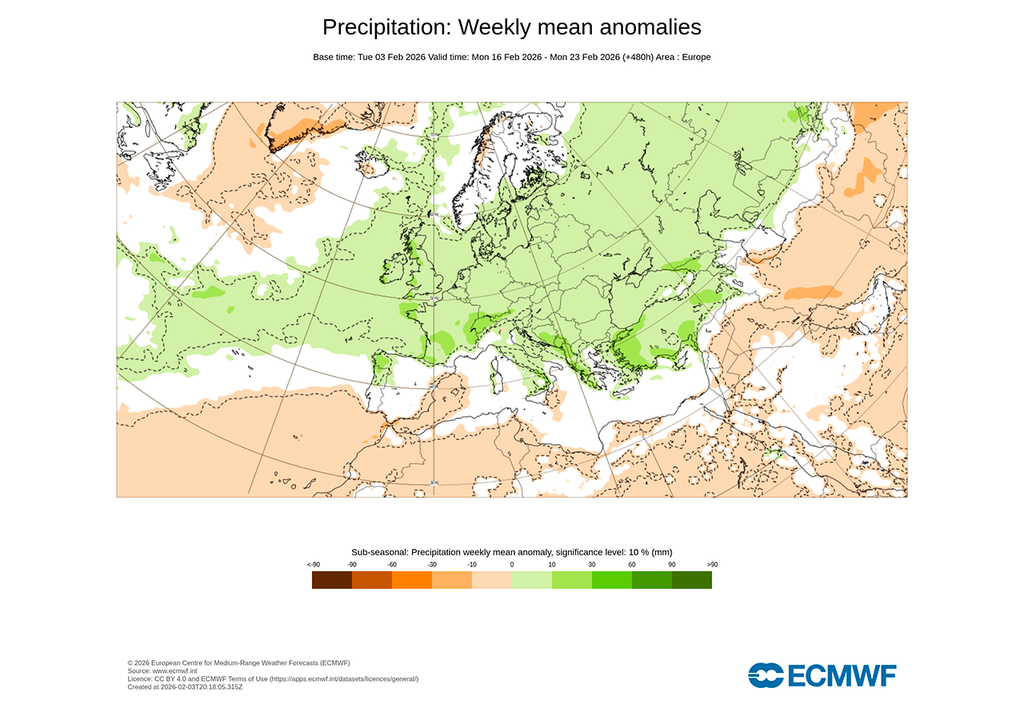 Desde mediados de mes las borrascas empezarán a circular por latitudes más septentrionales, como se aprecia en la anomalía de la precipitación prevista por el modelo europeo.