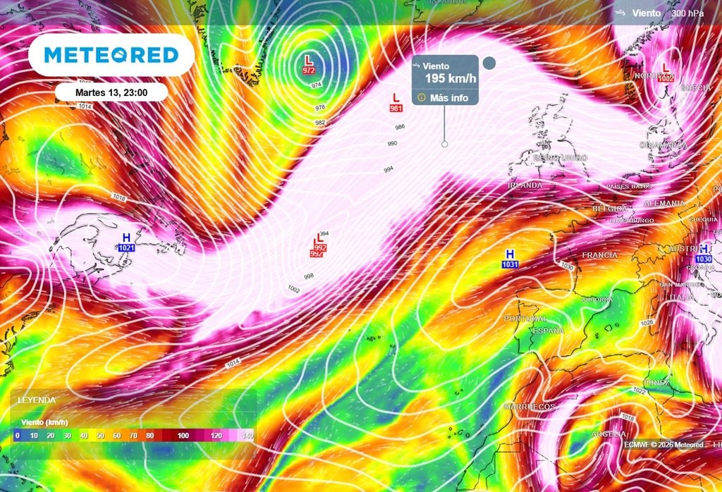 Vientos previstos a 9000 m el martes. El chorro polar se fortalecerá y ascenderá de latitud, con las borrascas circulando muy al norte.