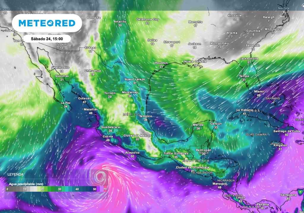 La acumulación de humedad sobre el Pacífico indica el potencial del nuevo ciclón, aunque aún no confirma lluvias intensas en México. La acumulación de humedad sobre el Pacífico indica el potencial del nuevo ciclón, aunque aún no confirma lluvias intensas en México.