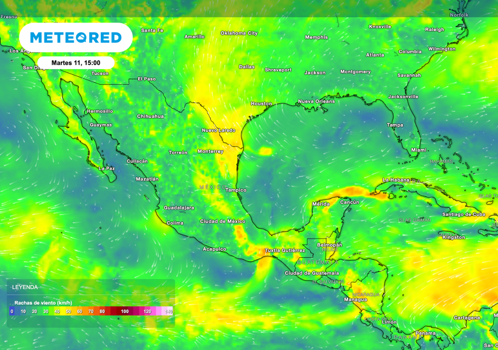  Las rachas más intensas se presentarán en las regiones Norte, Noreste y Sureste, dificultando las actividades agrícolas y elevando el riesgo para estructuras ligeras.