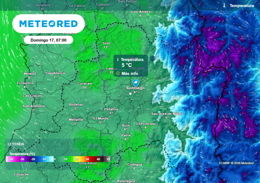 Mínimas a la baja en Santiago:nueva masa de aire dejará temperaturas mínimas de hasta 5 °C en zonas de la capital el domingo.