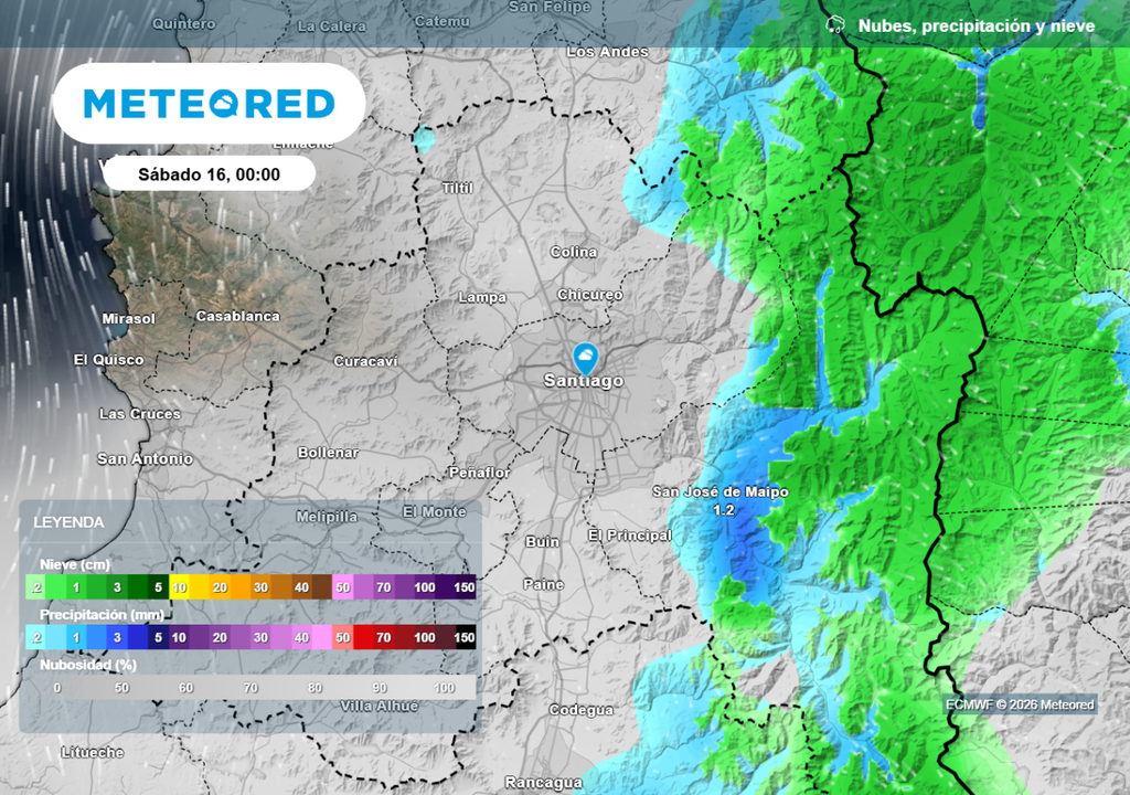 Zonas de San José de Maipo presentarán precipitaciones durante este fin de semana, conforme el ECMWF.