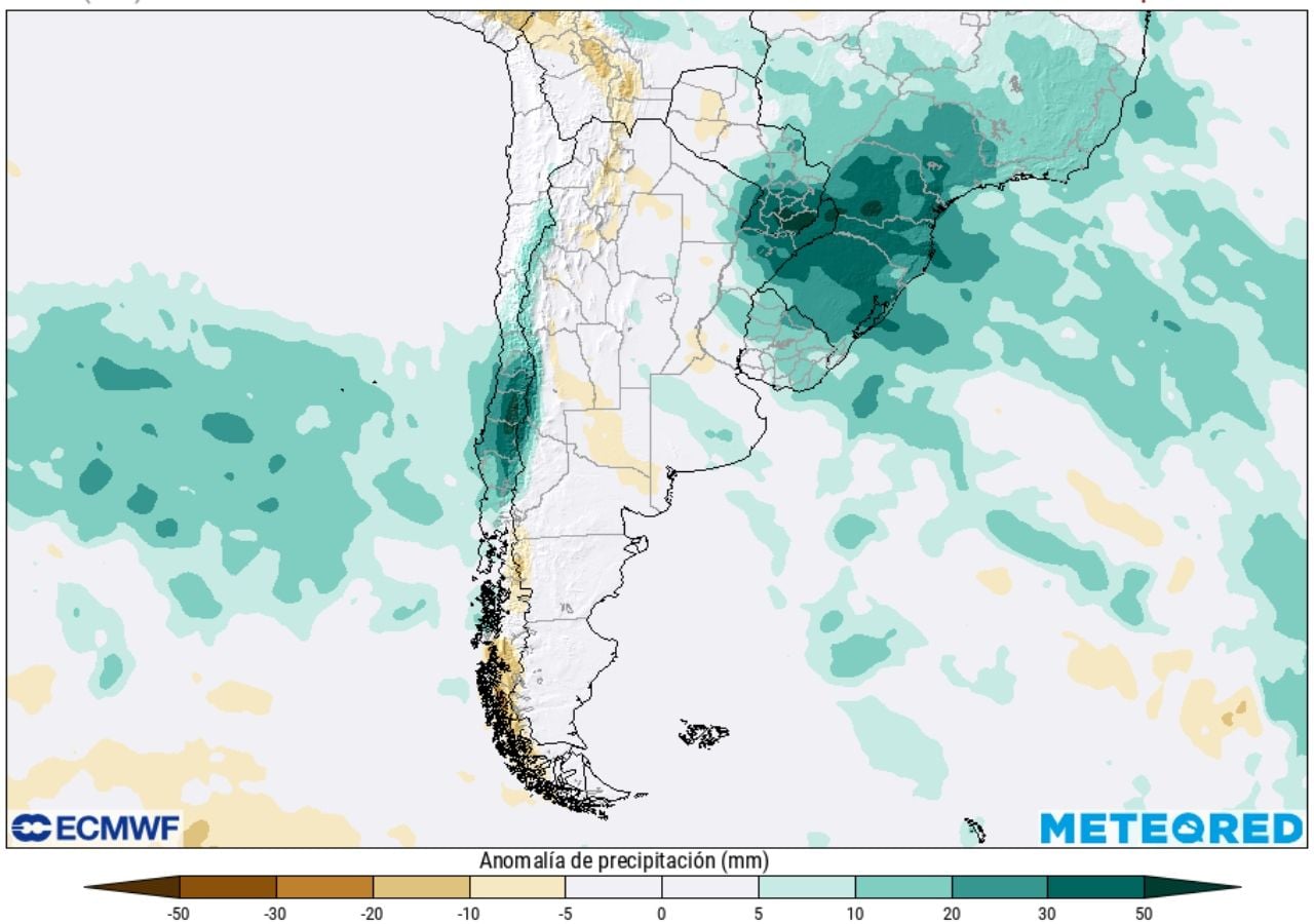 Anomalía de precipitación prevista para septiembre, de acuerdo al modelo ECMWF. Fuente: Meteored.