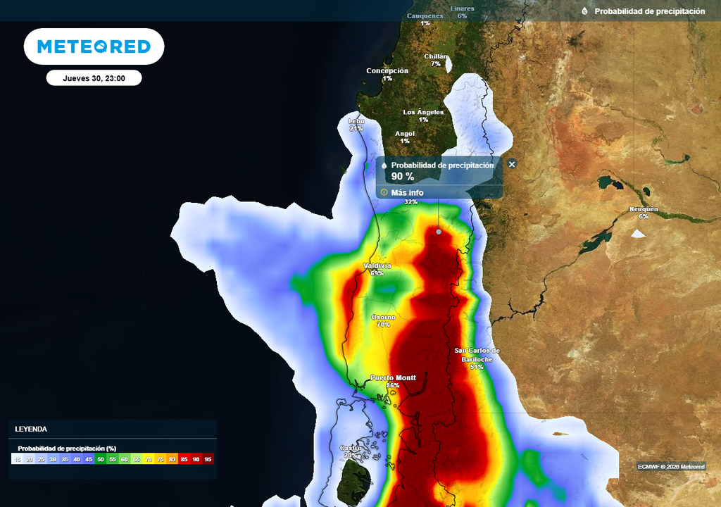 Probabilidad de precipitación (%) para la noche del jueves (30) en Chile centro-sur.