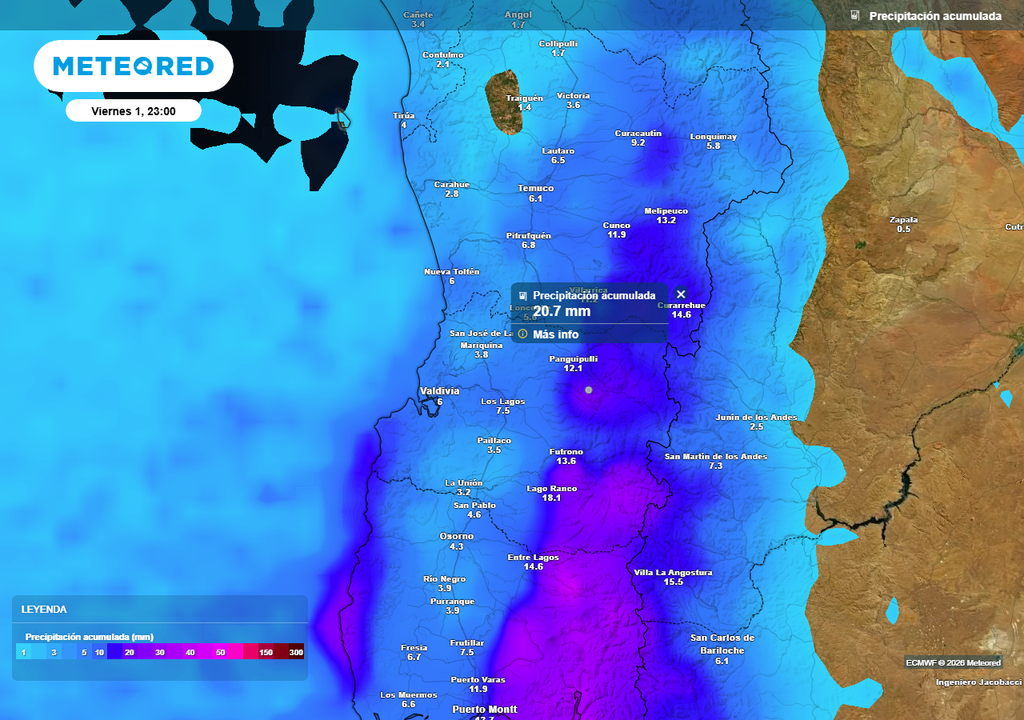 Precipitación acumulada (mm) hasta la noche del viernes (01) en las regiones de La Araucanía y Los Ríos.