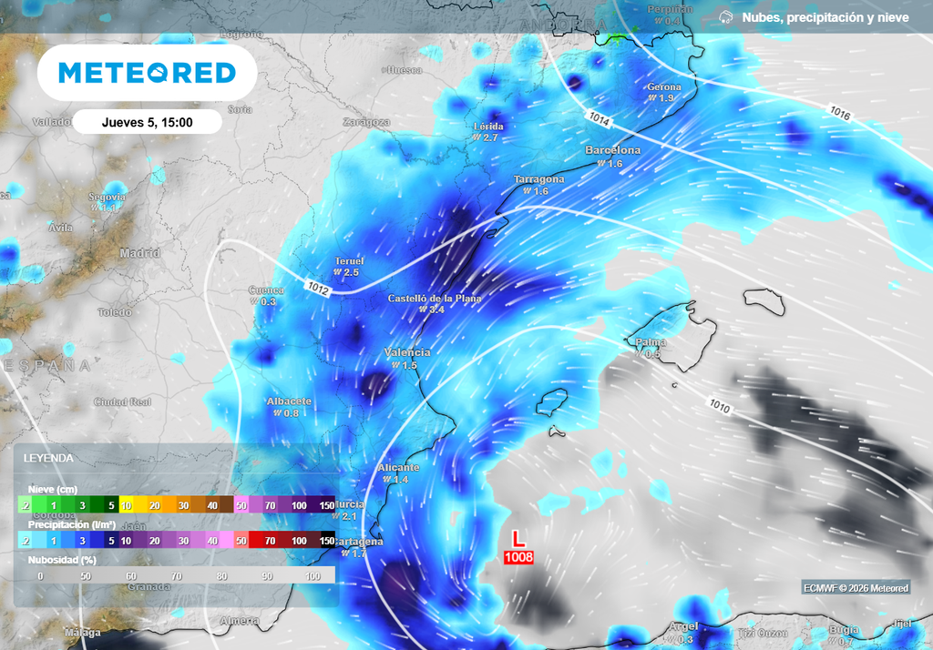 En la segunda parte de la semana las lluvias irán a más en el golfo de Valencia.
