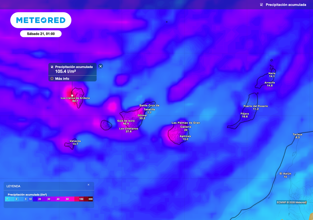 Precipitación acumulada prevista hasta el sábado a primera hora de la madrugada en Canarias. Fuente: modelo europeo.