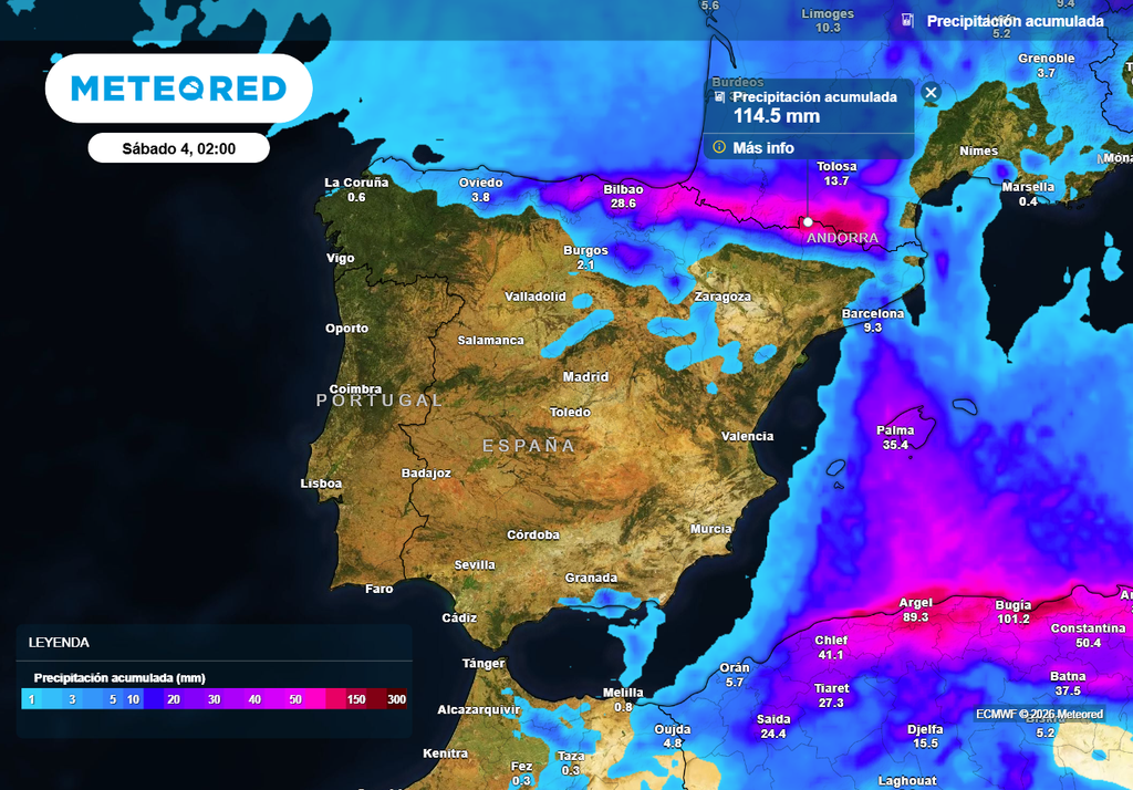 En el extremo septentrional y Baleares se pueden registrar acumulados importantes de precipitación, en forma de nieve en las sierras.