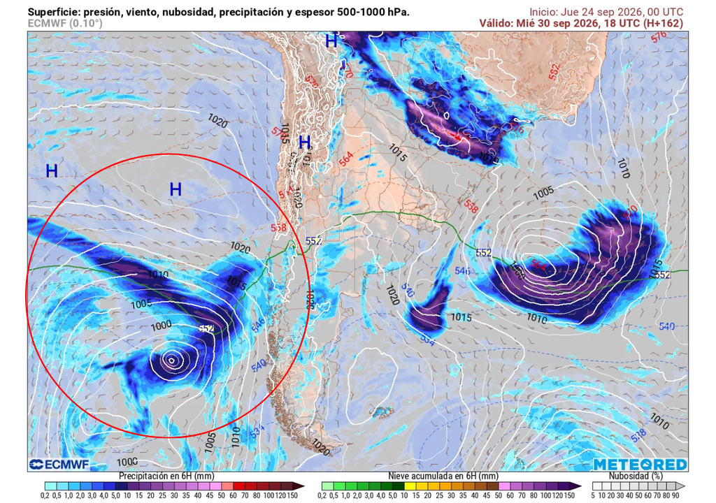 Sistema frontal (círculo rojo) que llegaría con río atmosférico a Chile centro-sur.