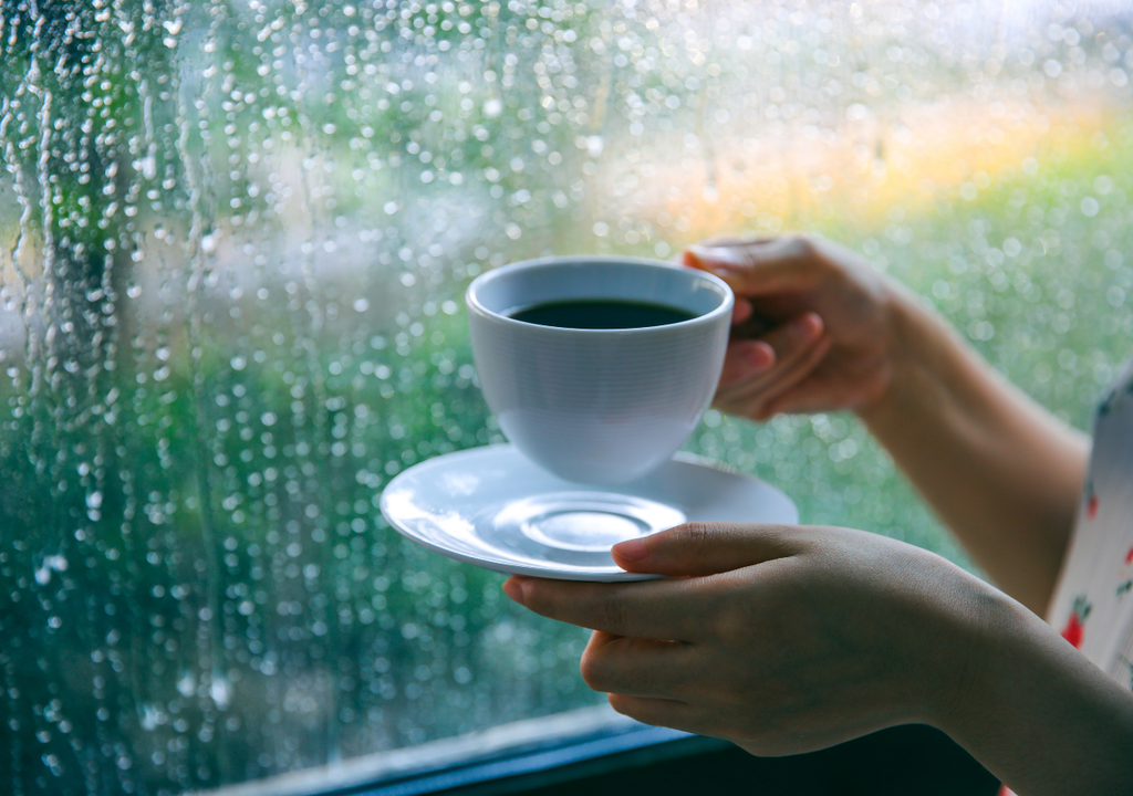 persona con una taza de te o café en sus manos frente a una ventana con gotas de lluvia en el vidrio