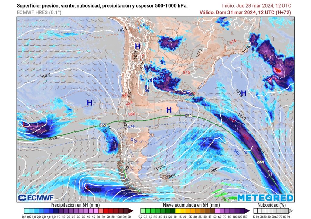 presión y precipitaciones previstas por el modelo del ECMWF