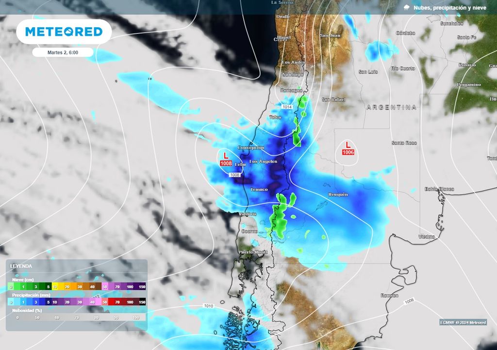 presiones, precipitaciones y nubes previstas por el modelo ECMWF