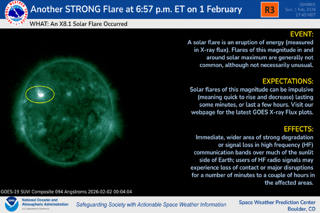Alerta este lunes, 2 de febrero de 2026 acerca de la Región 4366 que produjo otra llamarada X8.1 (R3) fuerte a las 18:57 ET. Crédito: SWPC / NOAA.
