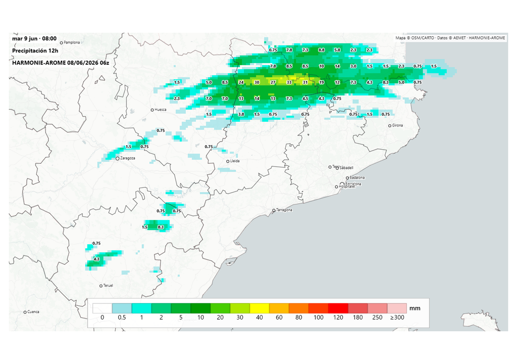 A lo largo de esta noche y la madrugada de mañana, las precipitaciones con carácter convectivo volverán a reactivarse en varias provincias del noreste peninsular. Fuente: harmoniearome.es y AEMET.