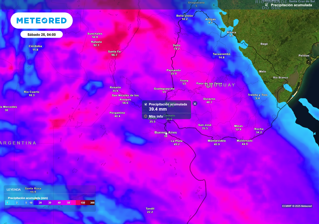 Precipitación acumulada Sábado 25 de octubre a las 4 h.