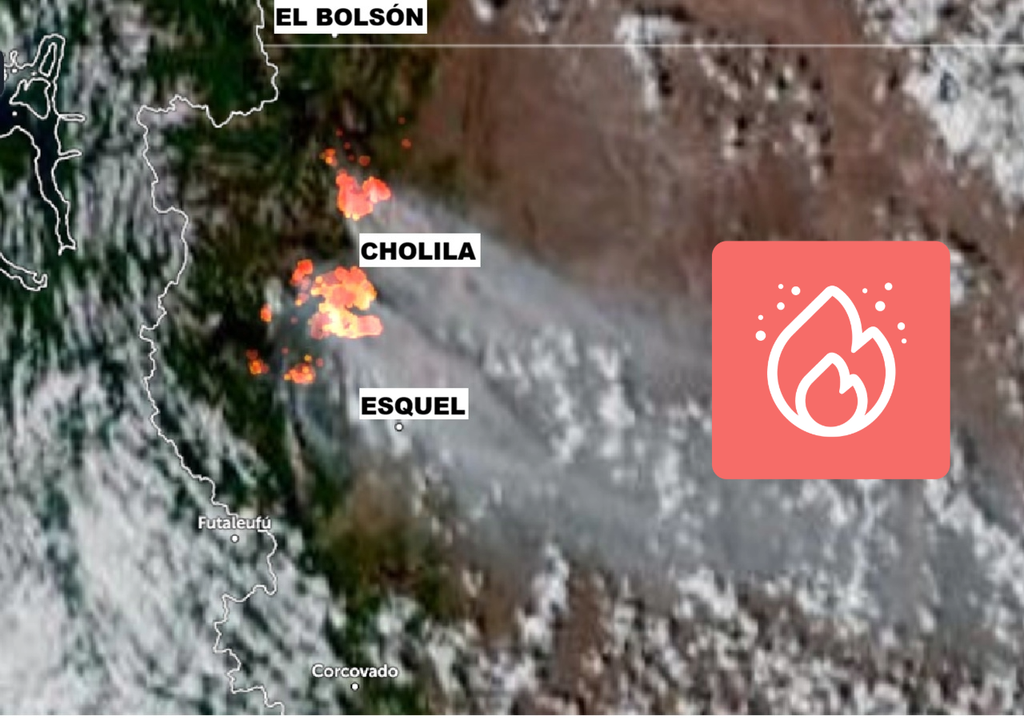 Pronóstico de viento y lluvia en los dos focos principales de incendios en Chubut que podrían unirse y afectar a Cholila. Imagen satelital del lunes 26 en el atardecer.