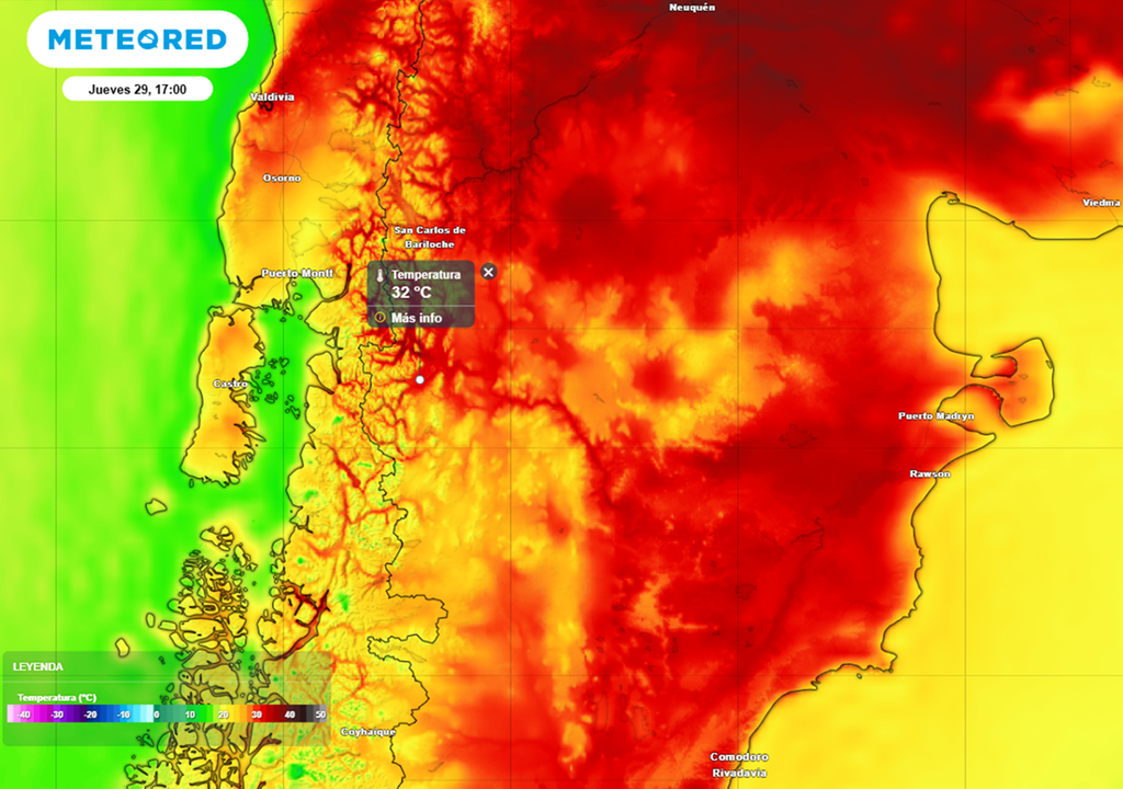 Este jueves 29 de enero, el calor vuelve a decir presente y de manera intensa en la zona de los incendios del noroeste de Chubut, con marcas superiores a los 30 °C a partir de ese día. Mapa: simulación de la la temperatura para la tarde del jueves 29, modelo ECMWF.