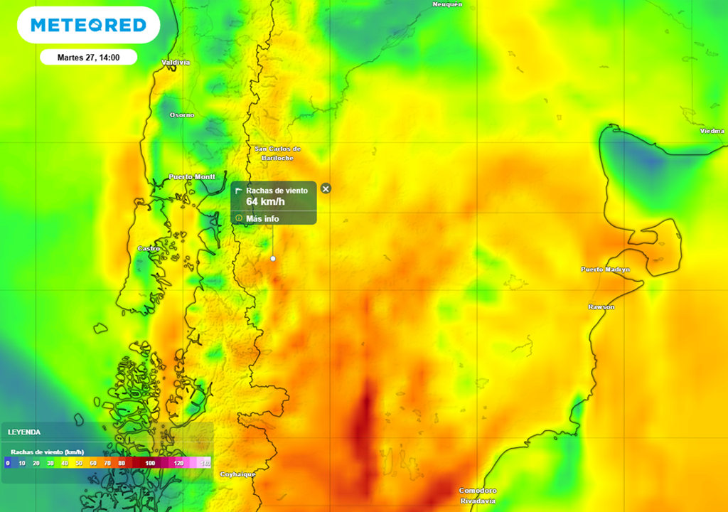 Este martes 27 de enero, ráfagas entre 40 y 60 km/h son probables, además de algunas lluvias aisladas sobre la región de los incendios. Mapa: simulación de las ráfagas de viento para la tarde del martes 27, modelo ECMWF.