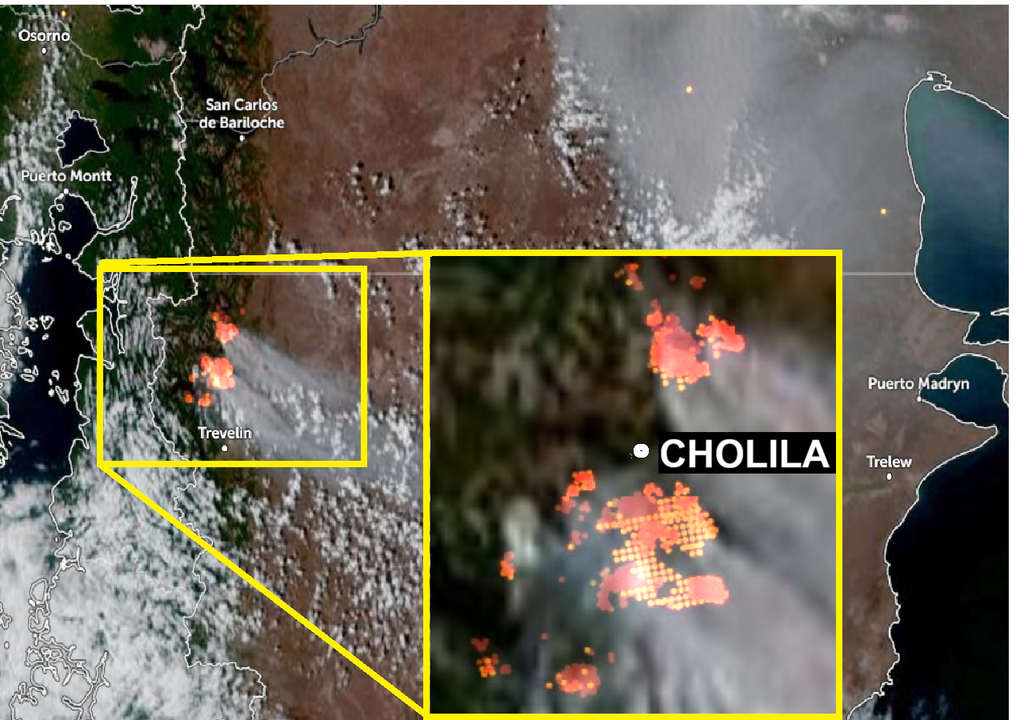 Cholila y Villa Lago Rivadavia, son dos localidades que se encuentran entre los dos focos de incendios principales del noroeste de Chubut por estas horas. Por otro lado, el foco del Parque Los Alerces se encuentra cada vez más cerca de Esquel. Imagen satelital del lunes 26 en el atardecer.