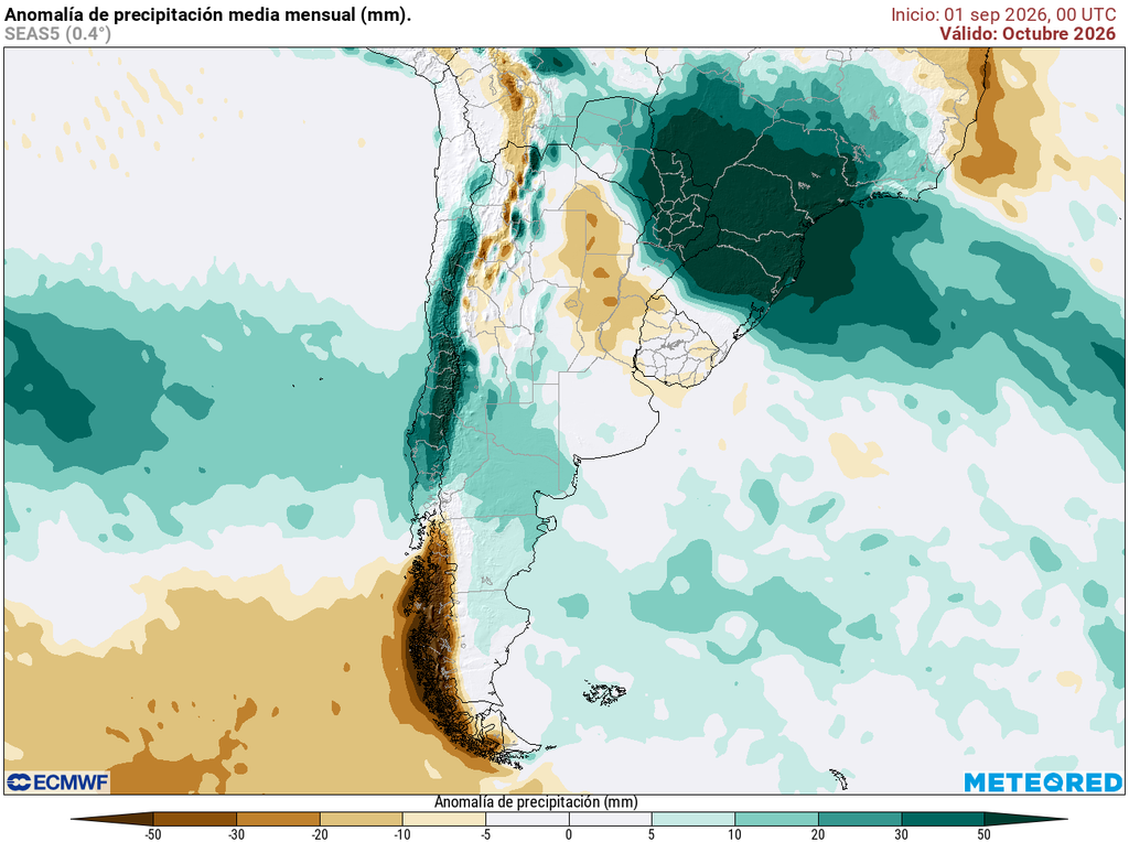 Pronóstico, Clima, Tiempo, Argentina, Octubre Anomalía de precipitaciones para el mes de octubre según nuestro modelo de referencia el ECMWF