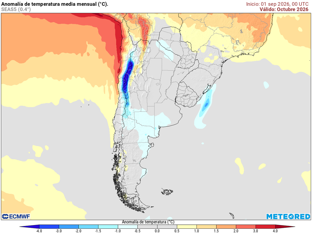Pronóstico, Clima, Tiempo, Argentina, Octubre Anomalía de temperatura para el mes de octubre según nuestro modelo de referencia el ECMWF