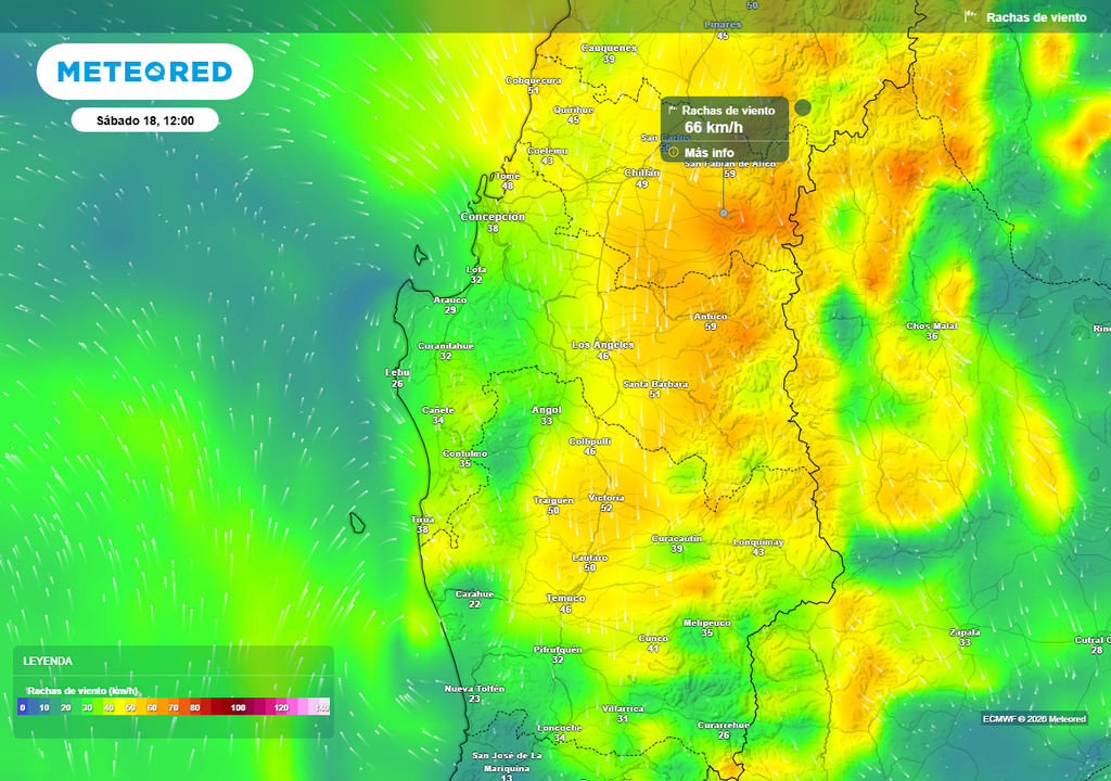 Fin de semana con rachas de viento de 70 km/h en el centro-sur de Chile Rachas de viento (km/h) para el mediodía del sábado (18) en las regiones de Ñuble, Biobío y La Araucanía.