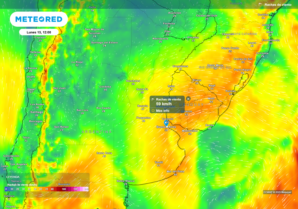 Ráfagas de viento para el lunes 13 de octubre a las 12 h, según el modelo ECMWF.