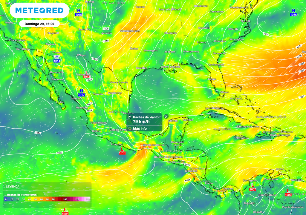 Las rachas de vientos más destacadas serán sobre el Norte y Suroeste de México, donde se pueden alcanzar reportes de 70 a 80 km/h.